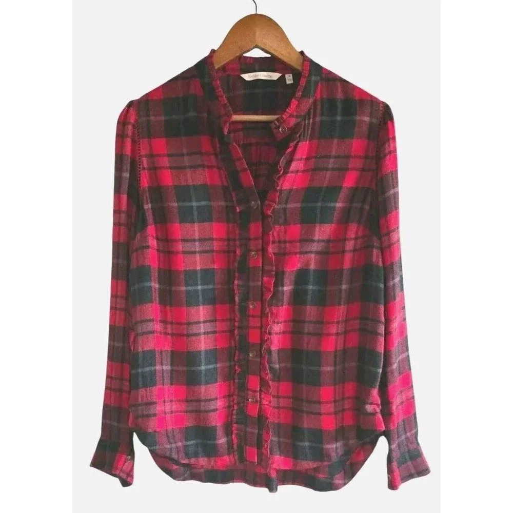 Soft Surroundings Shirt Womens M Triana Red Plaid Button Front Flannel  Ruffle
